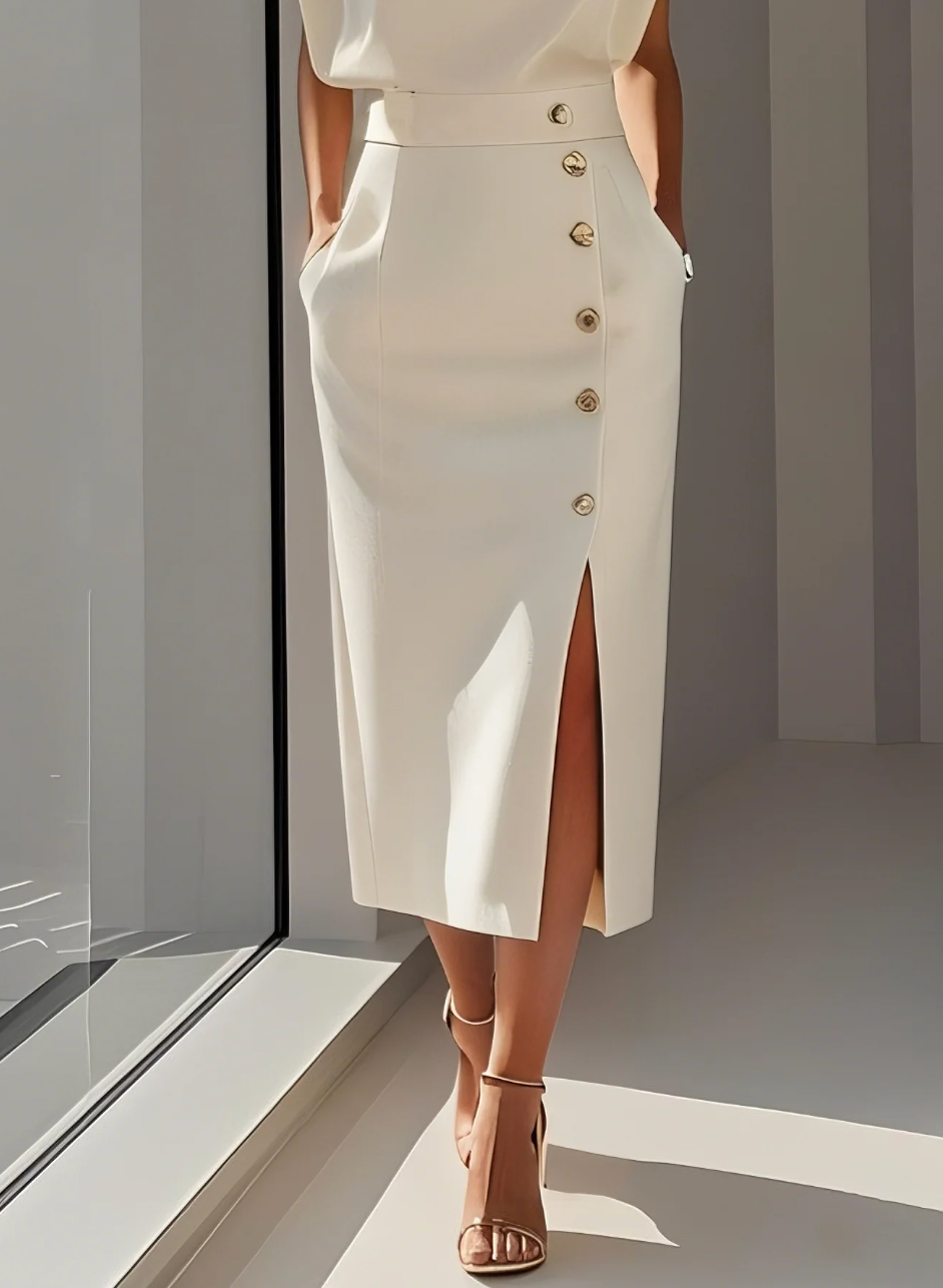 VESTIDO MIDI BLANCO ELEGANTE CON BOTONES