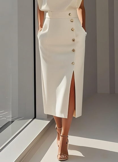 VESTIDO MIDI BLANCO ELEGANTE CON BOTONES