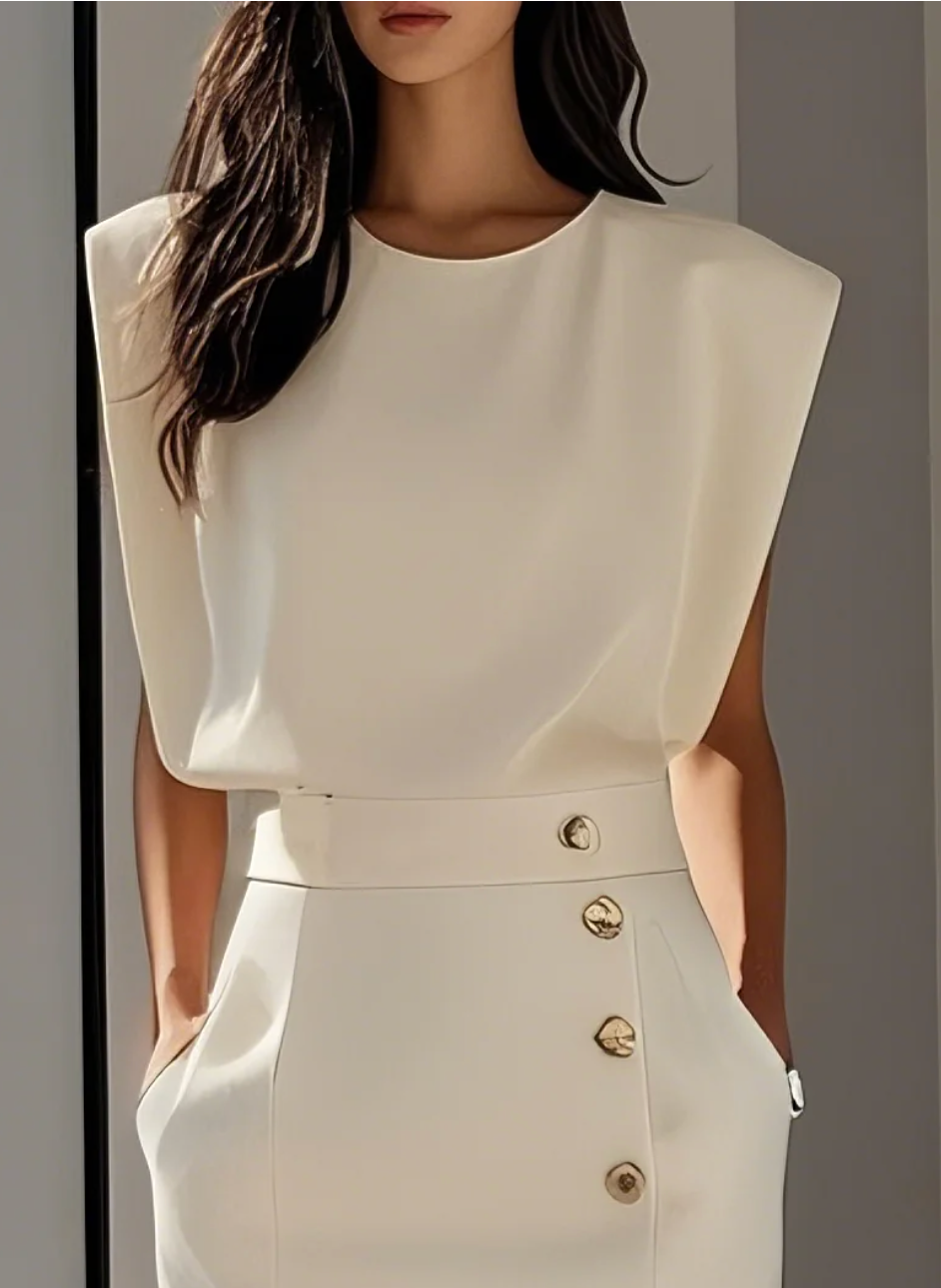 VESTIDO MIDI BLANCO ELEGANTE CON BOTONES