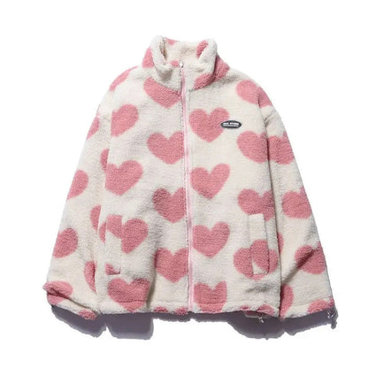 CHAQUETA POLAR DE BORREGUITO CON ESTAMPADO DE CORAZONES Y CREMALLERA