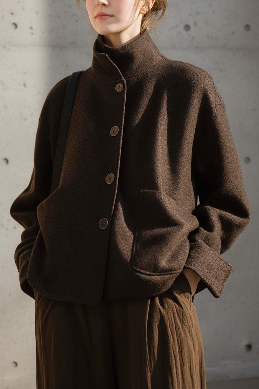 CHAQUETA VALENTINA ROCHE DE LANA MARRÓN CON CUELLO ALTO