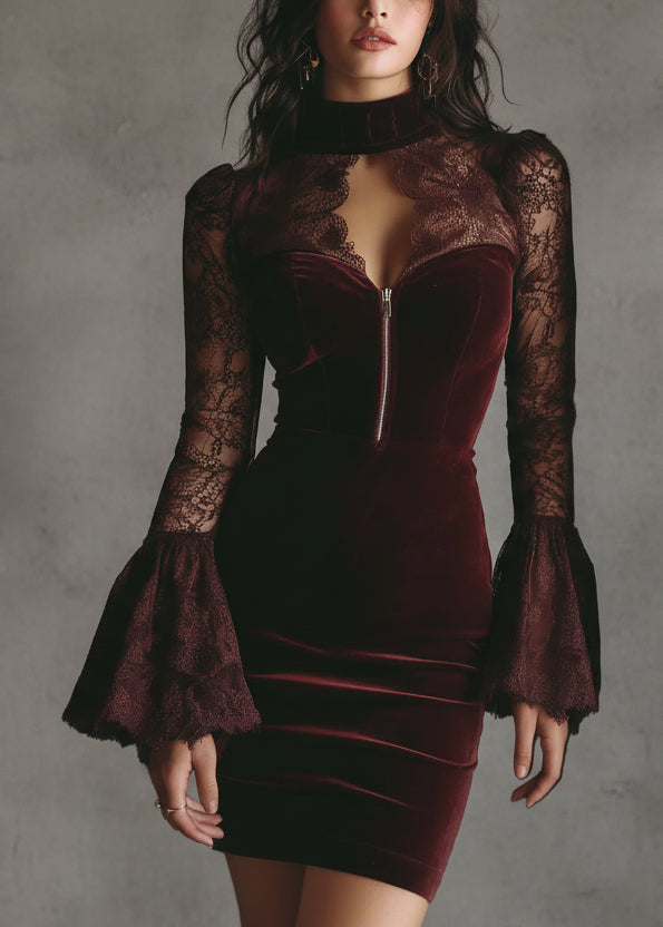 VESTIDO DE TERCIOPELO BURDEOS CON ENCAJE