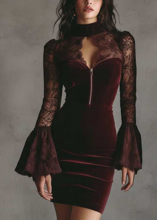 VESTIDO DE TERCIOPELO BURDEOS CON ENCAJE