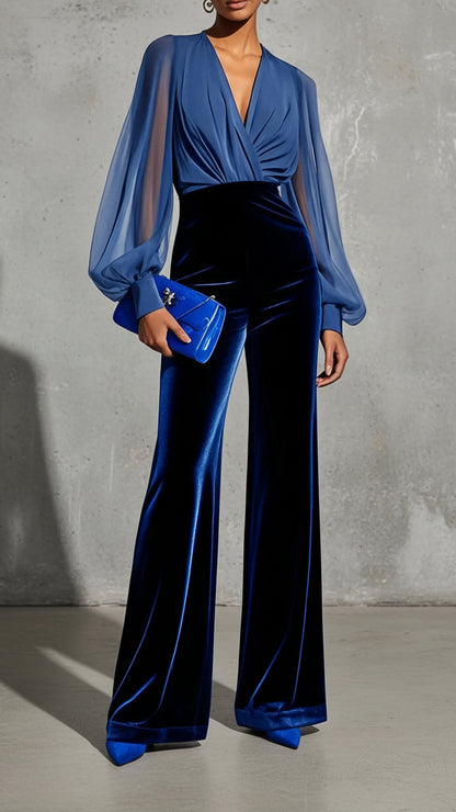 CONJUNTO DE FIESTA AZUL CON BLUSA DRAPEADA Y PANTALÓN ANCHO