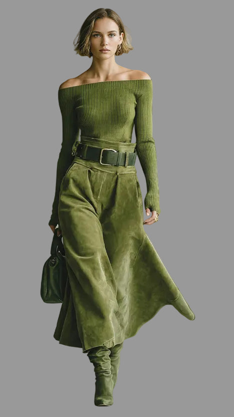 VESTIDO LARGO OFF SHOULDER CON CINTURÓN Y CORTE ELEGANTE