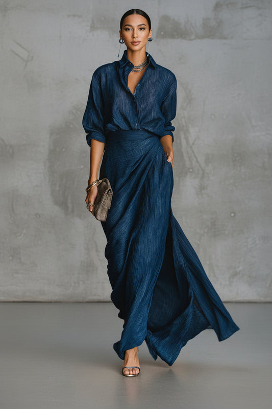 VESTIDO LARGO SATINADO CRUZADO EFECTO ENVOLVENTE