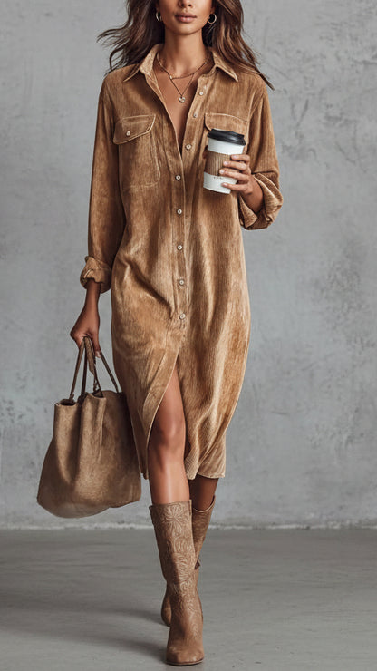 VESTIDO CAMISERO MIDI DE ANTELINA CON BOTONES Y ABERTURA FRONTAL