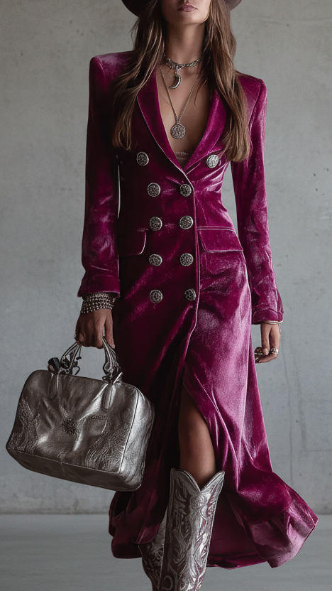 VESTIDO BLAZER SATINADO CON BOTONES Y ABERTURA FRONTAL