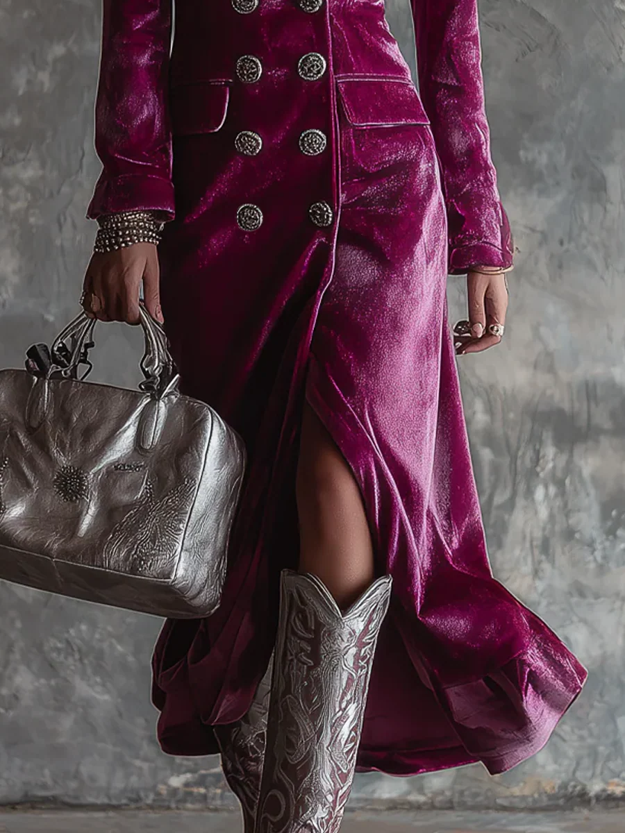 VESTIDO BLAZER SATINADO CON BOTONES Y ABERTURA FRONTAL