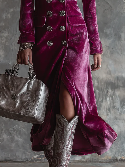 VESTIDO BLAZER SATINADO CON BOTONES Y ABERTURA FRONTAL