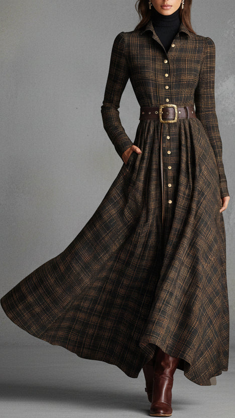 VESTIDO MIDI CUADROS VINTAGE CON CINTURÓN Y FALDA DE VUELO