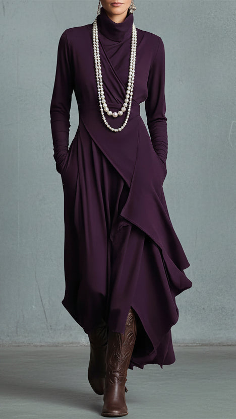 VESTIDO LARGO ASIMÉTRICO DE CUELLO ALTO ELEGANTE