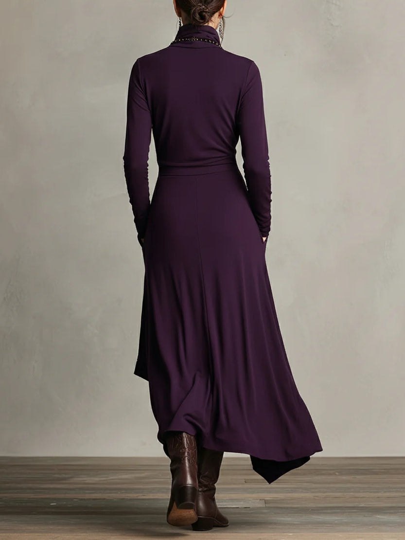 VESTIDO LARGO ASIMÉTRICO DE CUELLO ALTO ELEGANTE