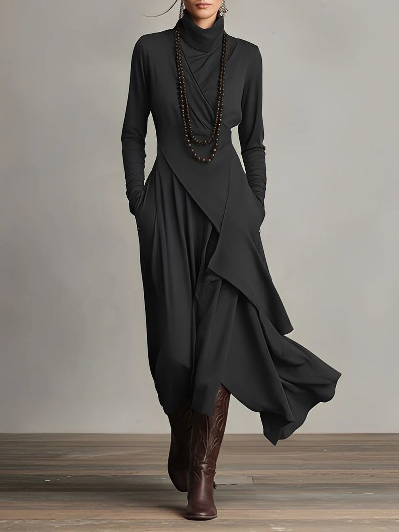 VESTIDO LARGO ASIMÉTRICO DE CUELLO ALTO ELEGANTE