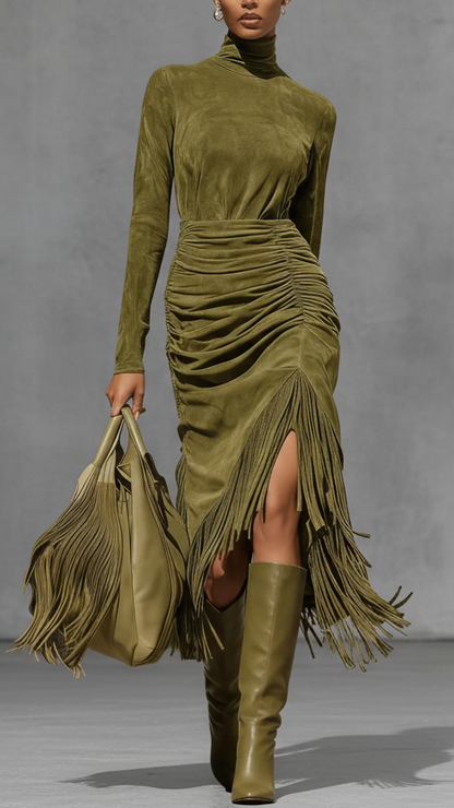 VESTIDO MIDI DRAPEADO CON ABERTURA ELEGANTE