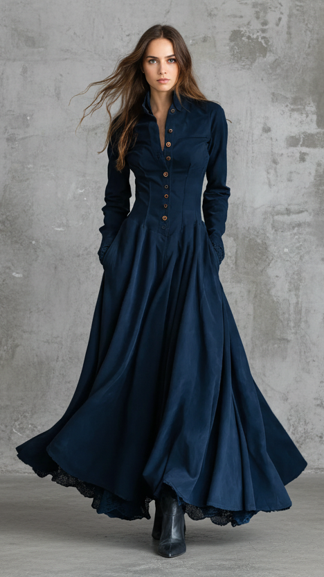 VESTIDO LARGO FLUIDO ELEGANTE DE MANGA LARGA