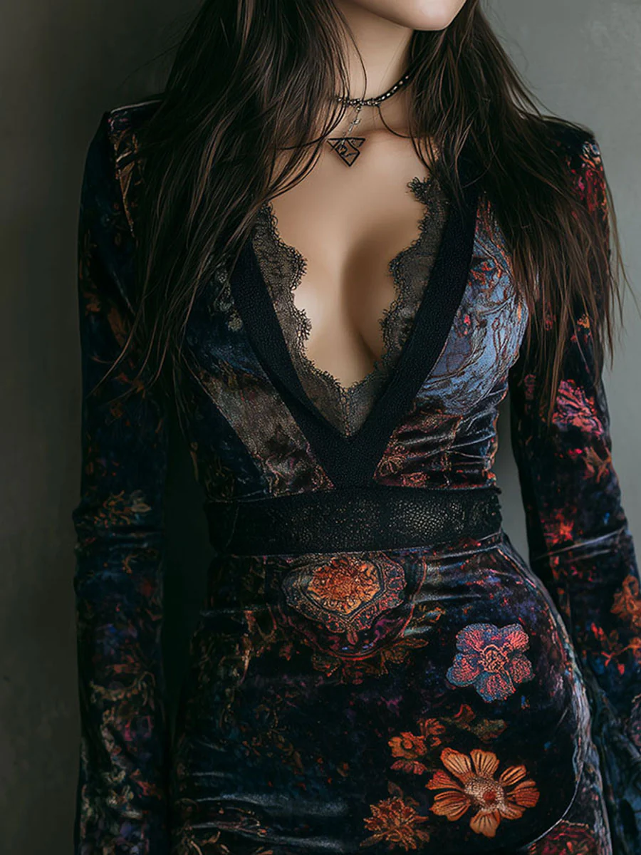 VESTIDO CORTO ESTAMPADO CON ESCOTE EN V Y MANGA LARGA