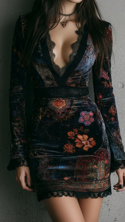 VESTIDO CORTO ESTAMPADO CON ESCOTE EN V Y MANGA LARGA