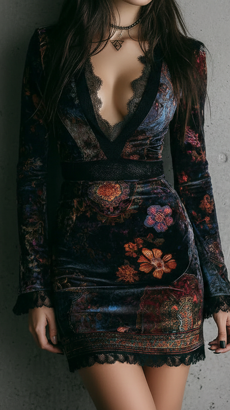 VESTIDO CORTO ESTAMPADO CON ESCOTE EN V Y MANGA LARGA