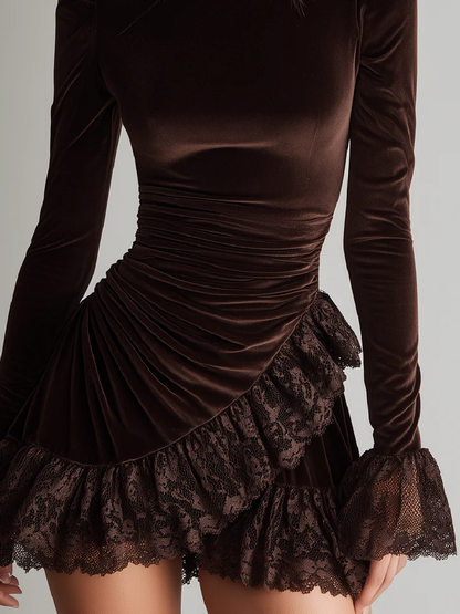 VESTIDO AJUSTADO DE MANGA LARGA CON FRUNCIDO Y VOLANTE ELEGANTE