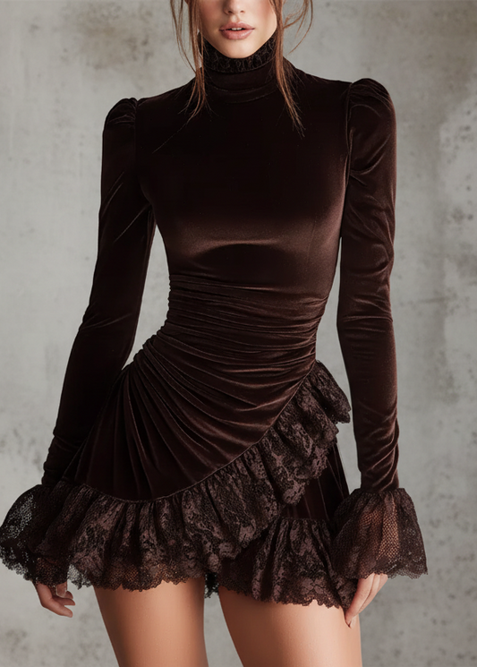 VESTIDO AJUSTADO DE MANGA LARGA CON FRUNCIDO Y VOLANTE ELEGANTE