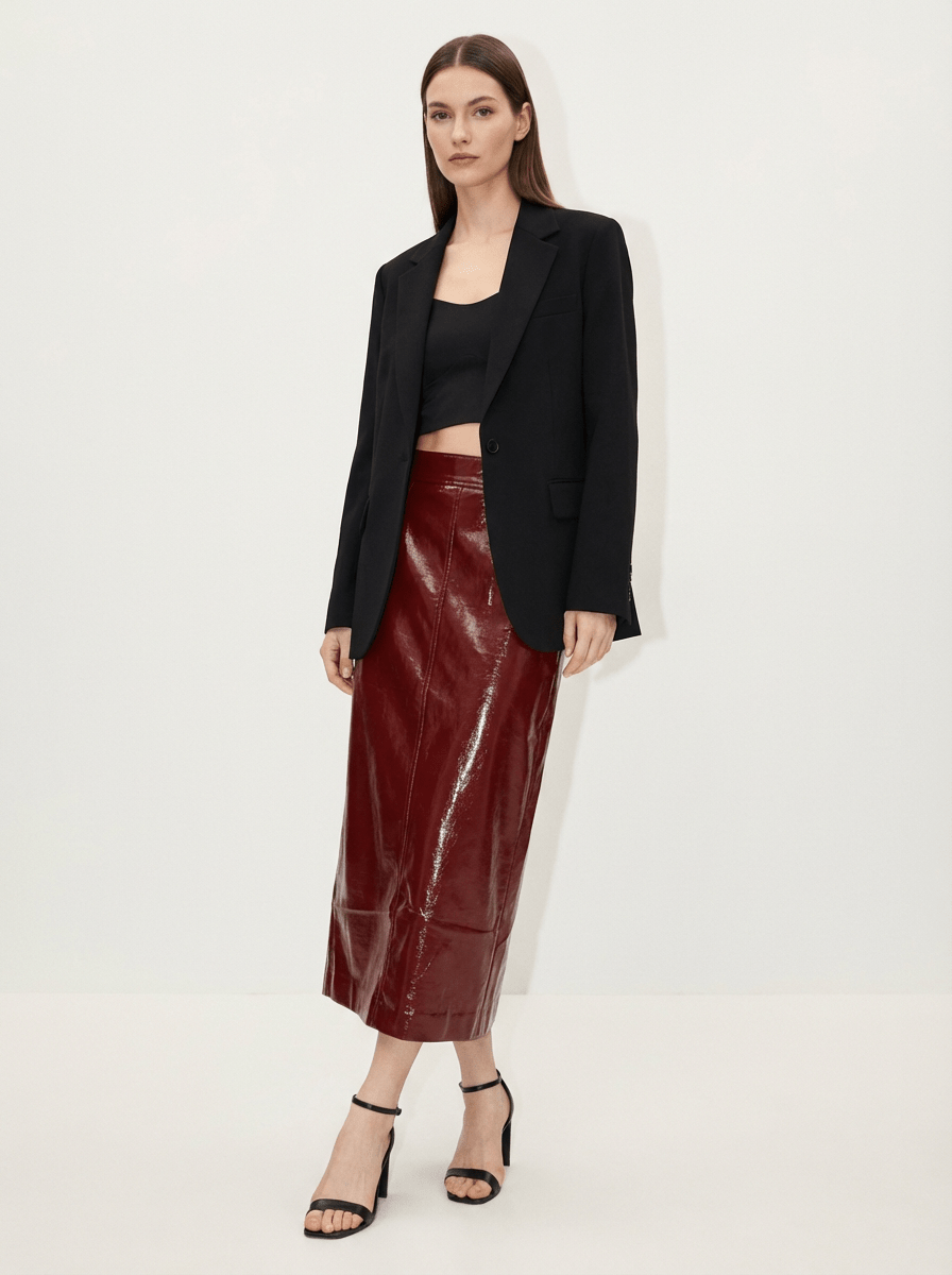 FALDA MIDI EFECTO PIEL ELEGANCIA ESTRUCTURADA