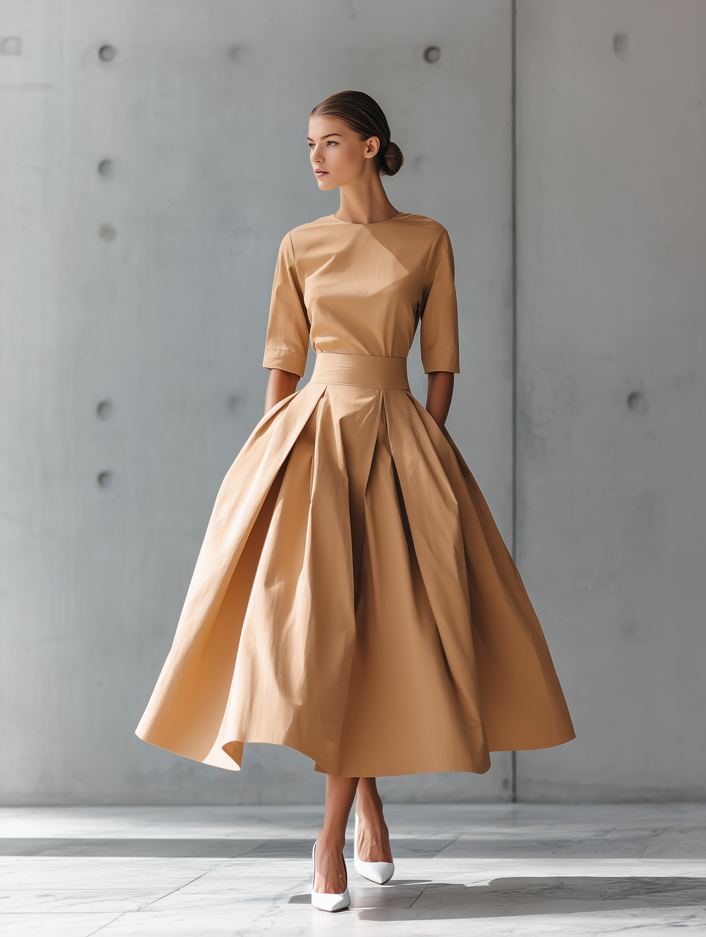 VESTIDO MIDI SATINADO CON FALDA DE VUELO Y CORTE ESTRUCTURADO