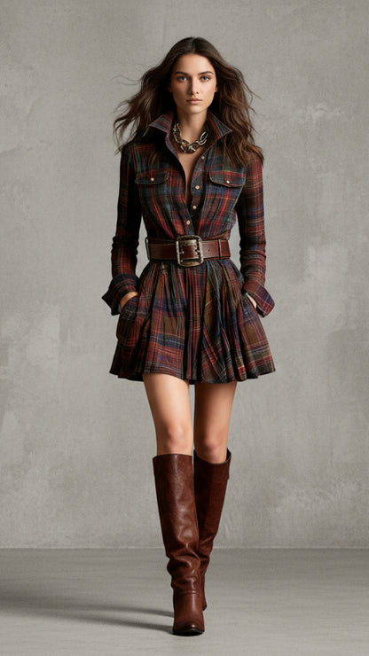 VESTIDO CORTO DE CUADROS CON CINTURÓN Y MANGA LARGA