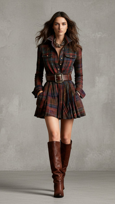 VESTIDO CORTO DE CUADROS CON CINTURÓN Y MANGA LARGA