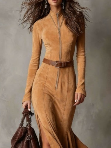 VESTIDO SUEDE CAMEL MAXI