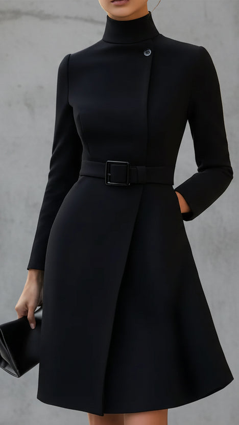 VESTIDO MIDI DE CUELLO ALTO CON CINTURÓN Y FALDA EVASÉ