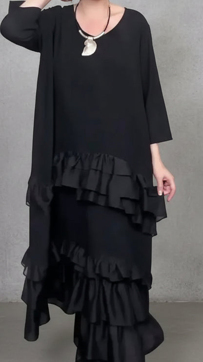 VESTIDO FLUIDO OVERSIZE CON VOLANTES EN CAPAS