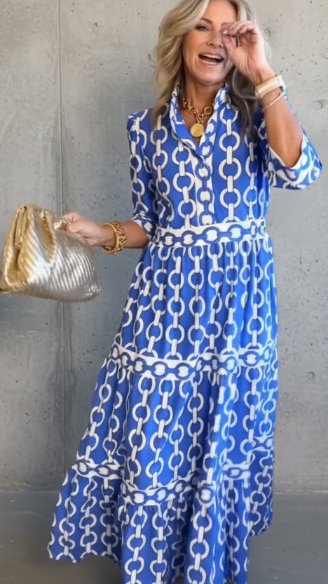 VESTIDO LARGO ESTAMPADO CON ESCOTE EN V Y MANGA 3/4