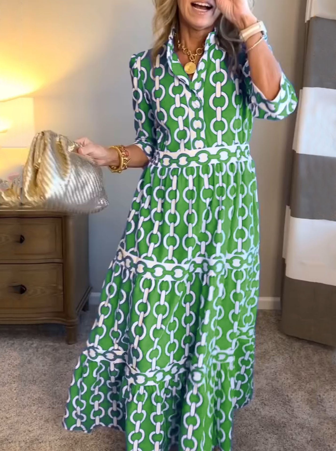 VESTIDO LARGO ESTAMPADO CON ESCOTE EN V Y MANGA 3/4