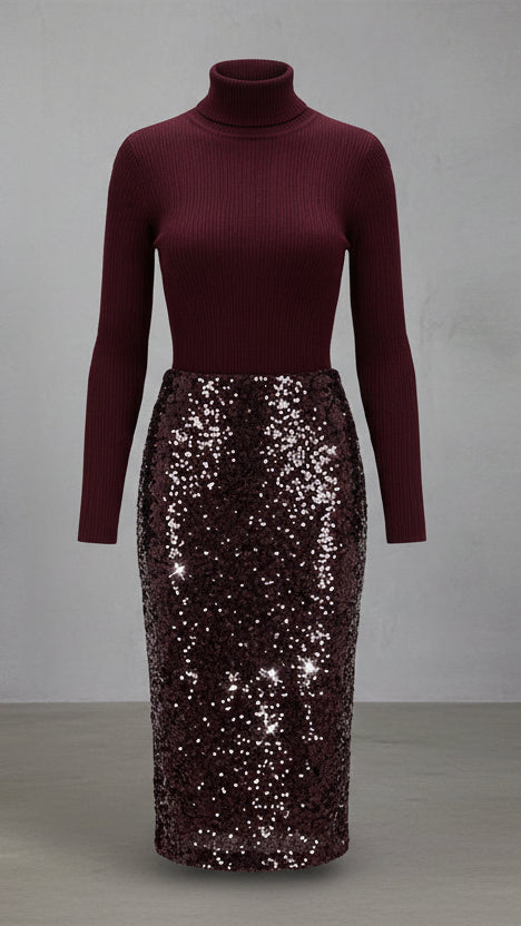 CONJUNTO SOFISTICADO DE PUNTO Y FALDA DE LENTEJUELAS PARA MUJER