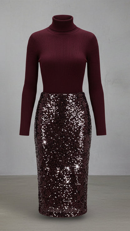 CONJUNTO SOFISTICADO DE PUNTO Y FALDA DE LENTEJUELAS PARA MUJER