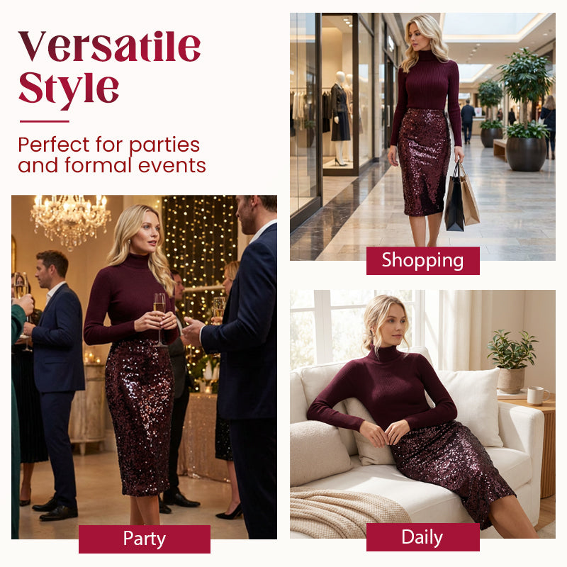 CONJUNTO SOFISTICADO DE PUNTO Y FALDA DE LENTEJUELAS PARA MUJER