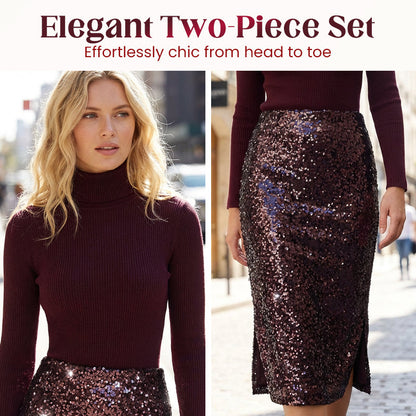 CONJUNTO SOFISTICADO DE PUNTO Y FALDA DE LENTEJUELAS PARA MUJER