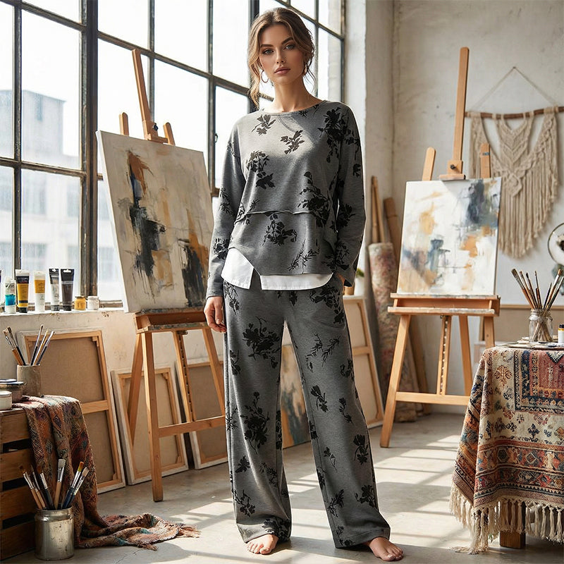 CONJUNTO FLORAL VINTAGE DE DOS PIEZAS CON TOP FLUIDO Y PANTALÓN AMPLIO