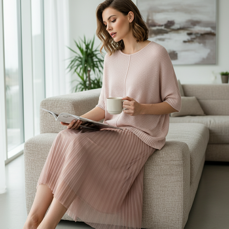CONJUNTO FLUIDO DE DOS PIEZAS CON VESTIDO LISADO Y CÁRDIGAN LIGERO
