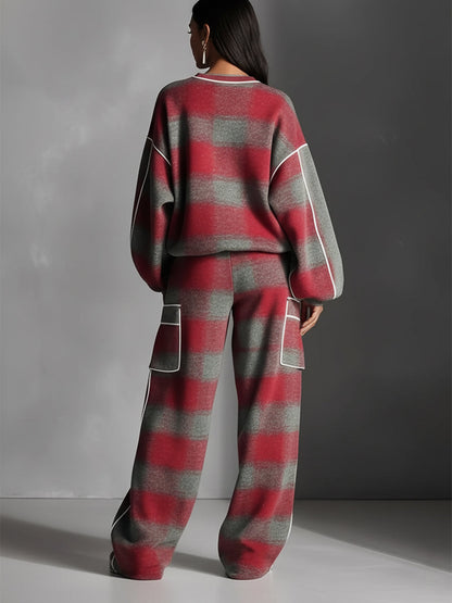 CONJUNTO DE PUNTO OVERSIZE DE DOS PIEZAS CON ESTAMPADO A CUADROS